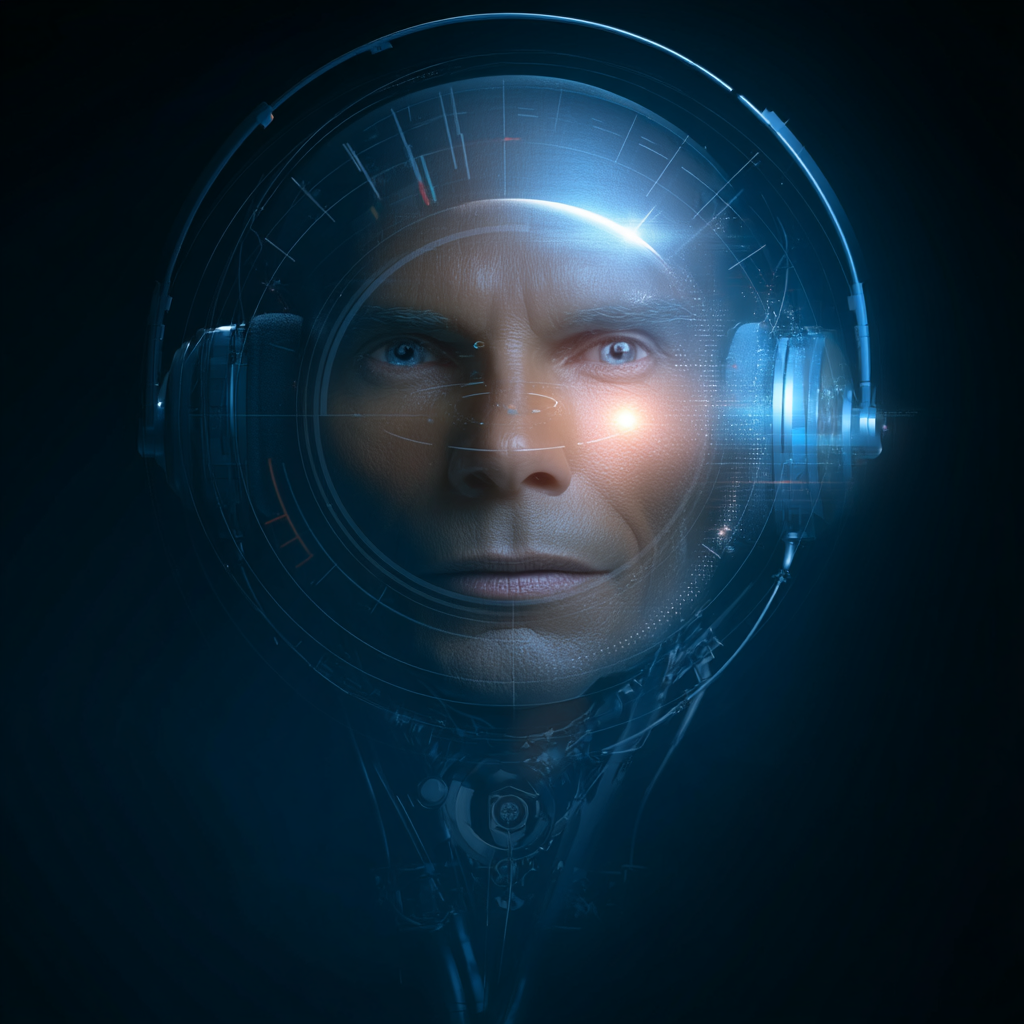 Futuristic human-like AI face with glowing interface elements and a digital headset, set against a dark background.