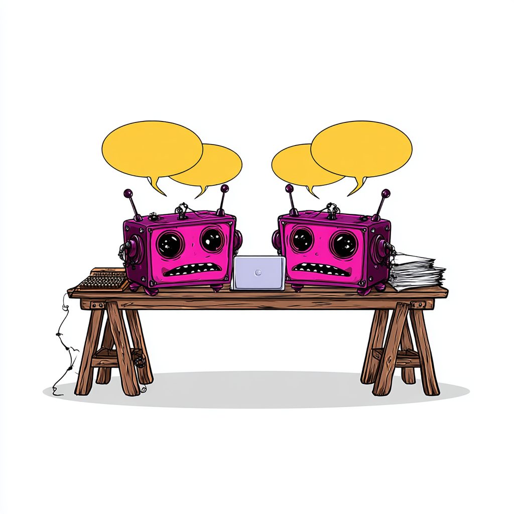 Two sad pink cartoon robots with speech bubbles sit at a cluttered wooden desk with laptops and tangled wires, representing overwhelmed AI support.