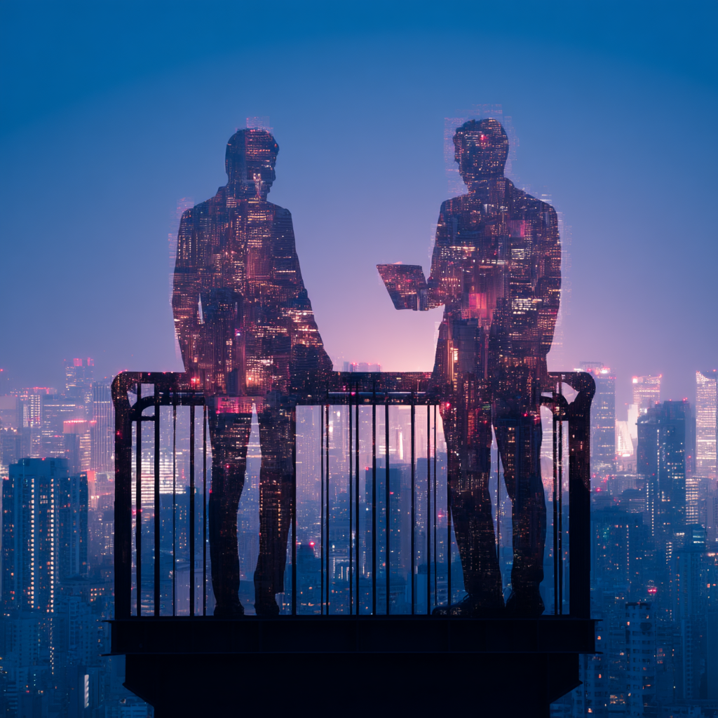 Double exposure of two businesspeople on a rooftop at sunset, blended with a glowing city skyline.
