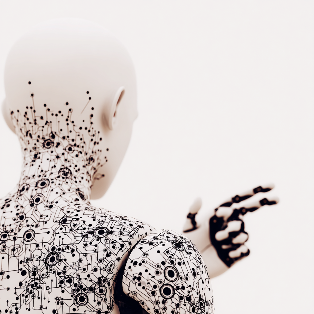 Back view of a humanoid robot with circuit-like patterns on its skin, pointing with one hand.