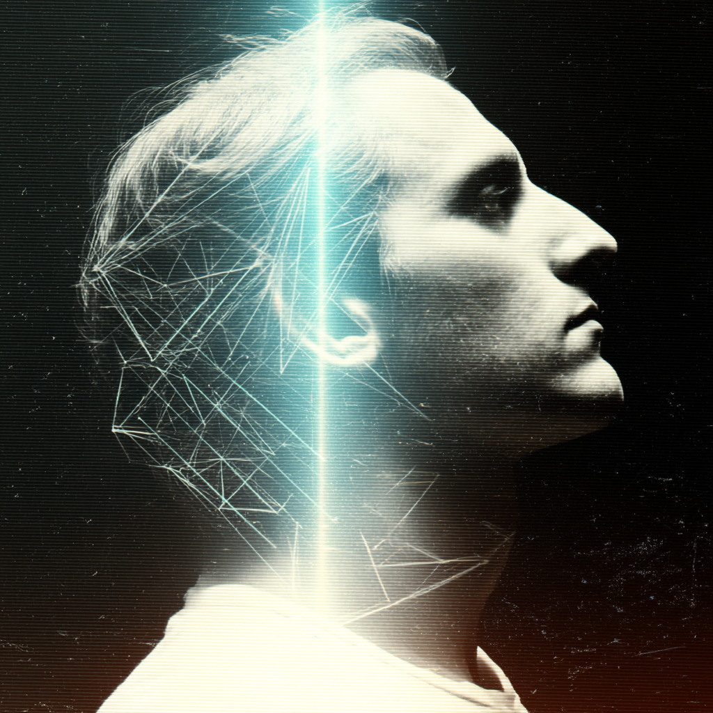 Profile of a man with a glowing vertical line and geometric data overlay, suggesting a fusion of human and digital intelligence.