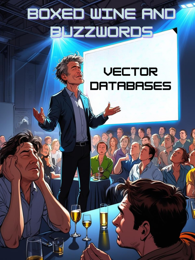 A startup founder giving an overly dramatic pitch in front of a giant slide reading ‘VECTOR DATABASE’ with chaotic arrows and buzzwords; audience members look bored, confused, or exasperated while sipping wine