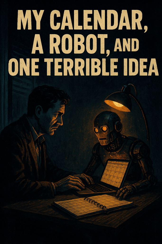 A person sits alone at a dimly lit desk, surrounded by looming holographic calendar displays filled with color-coded events. A sleek, emotionless robot stands nearby, watching. The atmosphere is moody and dystopian.