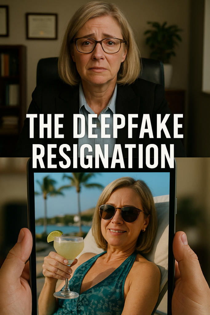 Split-image showing a solemn middle-aged woman in business attire at her office above, contrasted with a smiling, sunglasses-wearing version of her holding a margarita by the pool—framed inside a smartphone screen, symbolizing a digitally altered persona.