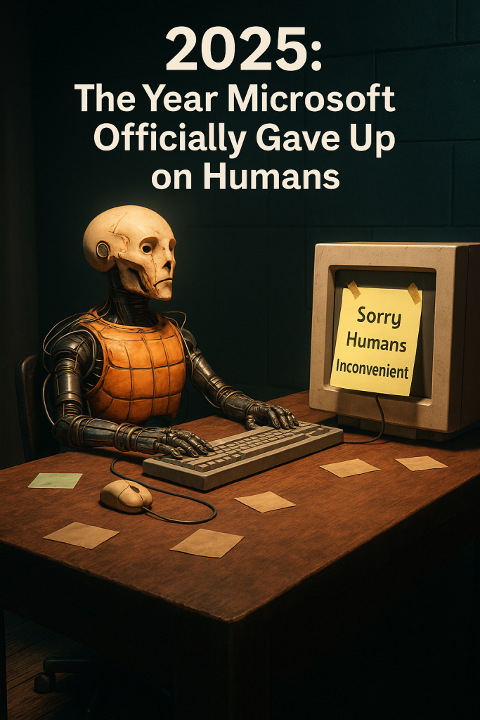 A dejected humanoid robot slumped at a wooden desk, staring blankly at an old CRT monitor with a note that reads "Sorry" in garbled text. Sticky notes and wires clutter the desk, evoking a mood of burnout and obsolescence.