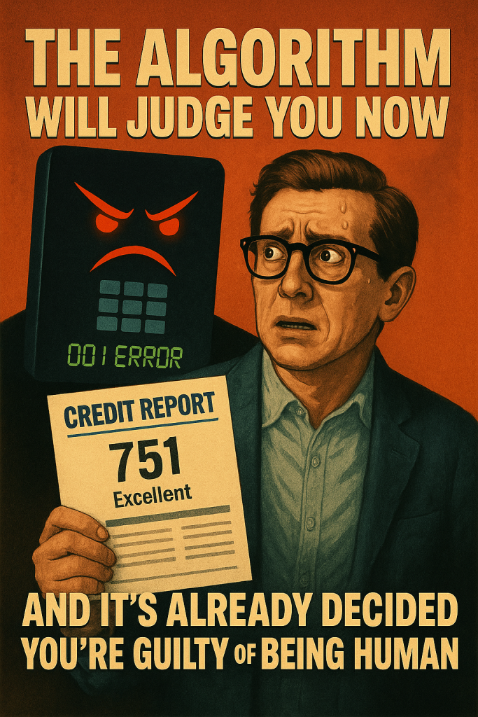 A person holding a printed credit report stands against a digital background filled with algorithmic interface elements, evoking themes of surveillance and judgment by data.