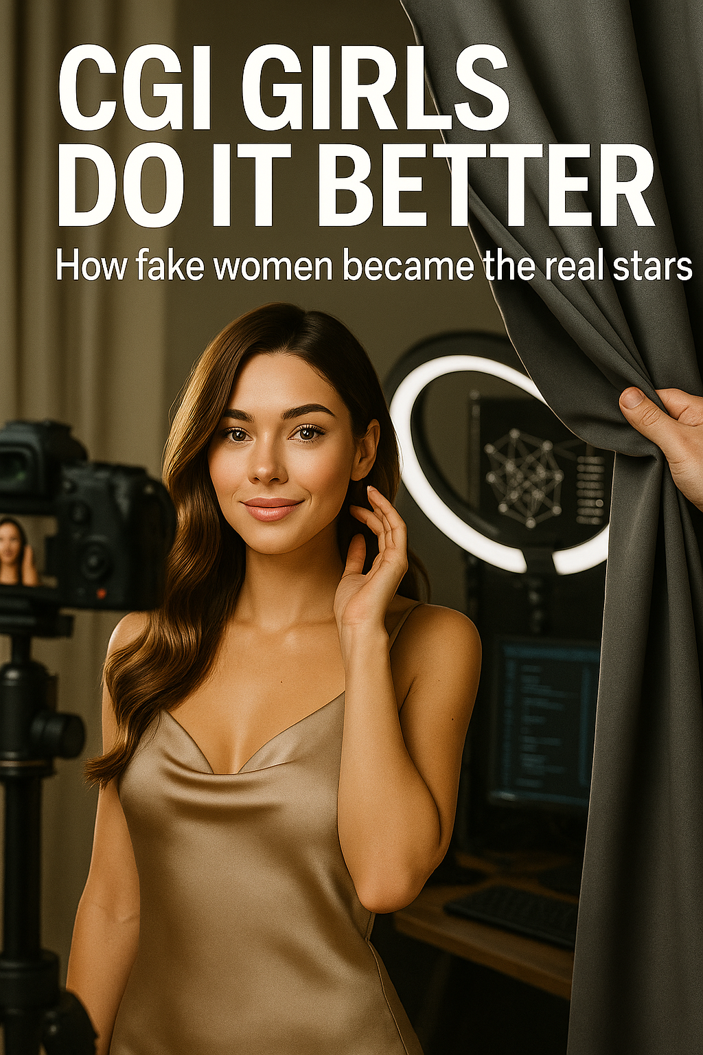 A hyper-realistic woman poses confidently for a camera in a professional studio. A hand pulls back a curtain beside her, revealing a ring light, monitors with neural network graphics, and code—hinting that she is an AI-generated influencer.