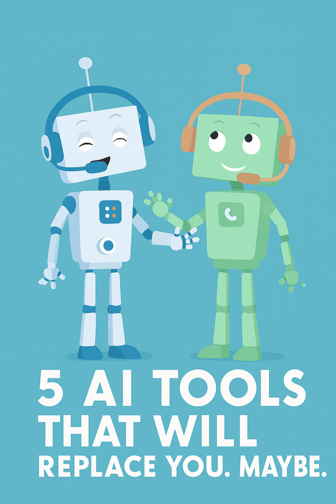 Two cartoon-style robots wearing headsets smile and gesture while chatting, looking cheerful and slightly clueless, set against a plain blue background.
