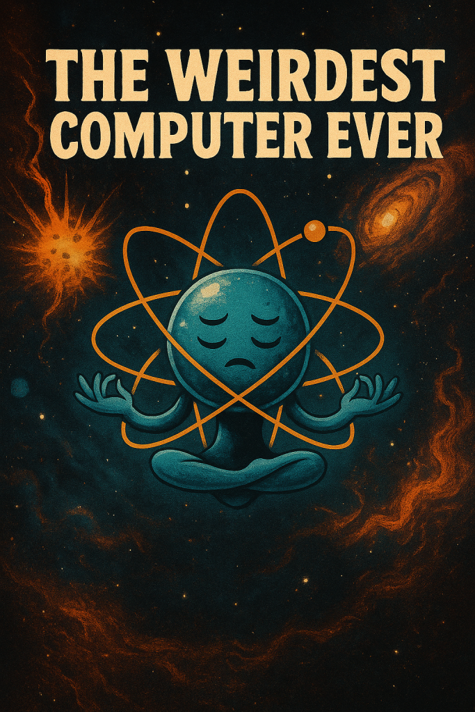 An atom floating in space in a meditative pose, surrounded by cosmic chaos and data streams, appearing calm and focused.