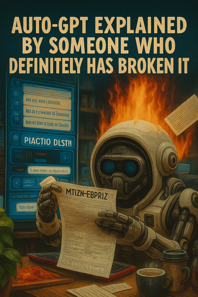 A humanoid robot in a chaotic office environment holds a document while flames erupt from its head. Multiple screens display glitchy interfaces. Pizza, coffee, and shredded receipts cover the cluttered desk.