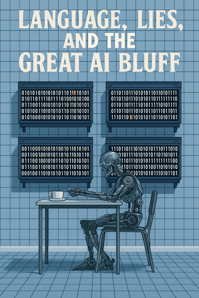 A metallic humanoid robot sits alone at a table with a cup in front of it, surrounded by six glowing monitors displaying binary code. The scene is sterile and clinical, evoking isolation and digital overload.