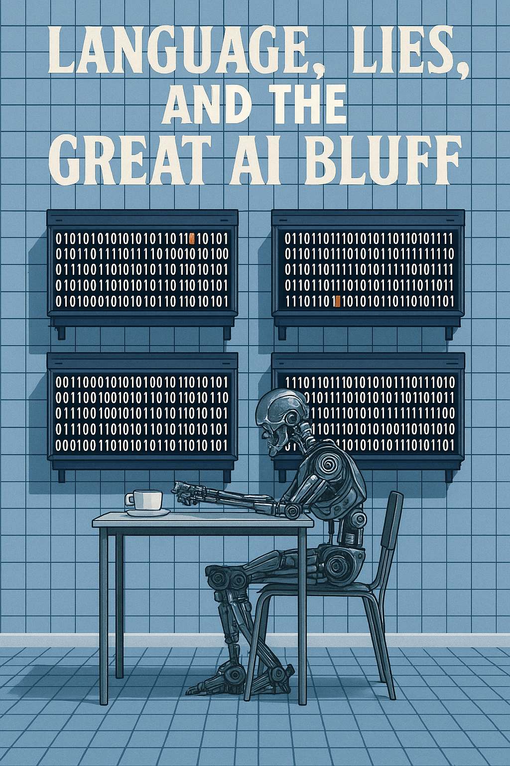 A metallic humanoid robot sits alone at a table with a cup in front of it, surrounded by six glowing monitors displaying binary code. The scene is sterile and clinical, evoking isolation and digital overload.