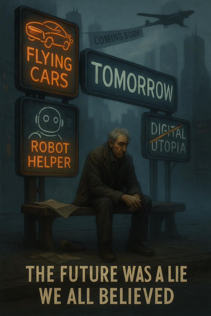 A weary person waits at a futuristic transit stop labeled “Tomorrow,” surrounded by broken tech advertisements and faded neon promises of a high-tech future that never arrived.