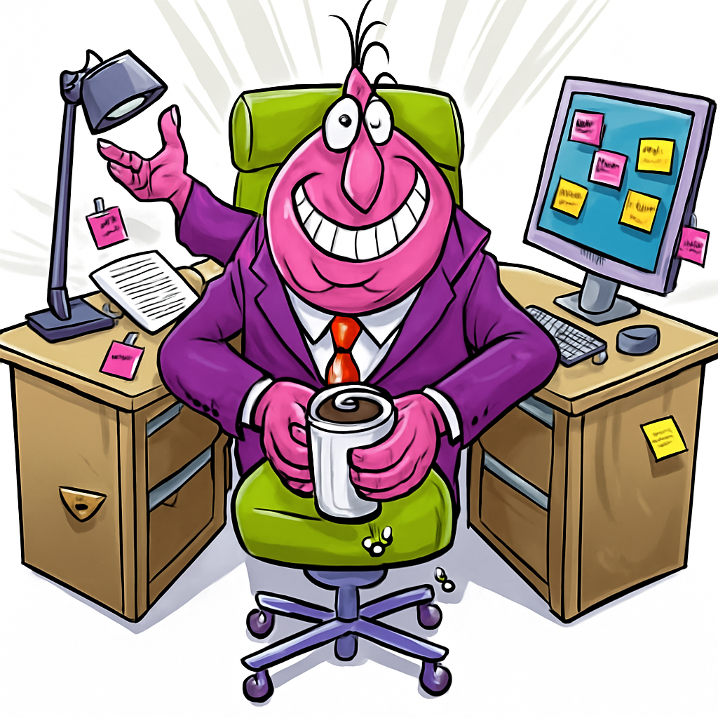 Cartoon of a wide-eyed, purple-skinned office worker grinning at a desk covered in sticky notes, coffee, and paperwork.