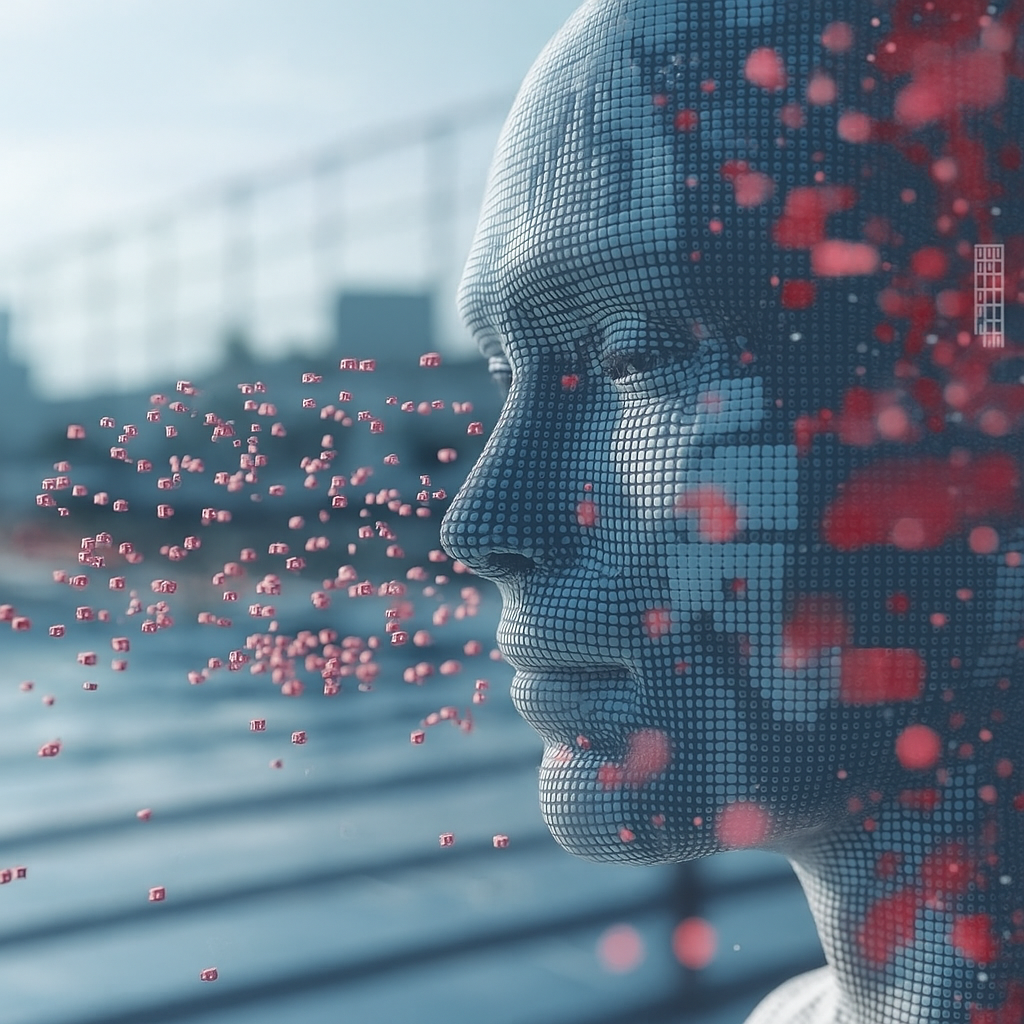 Digital profile of a human face made of blue and white pixels, with pink data particles floating through the air.
