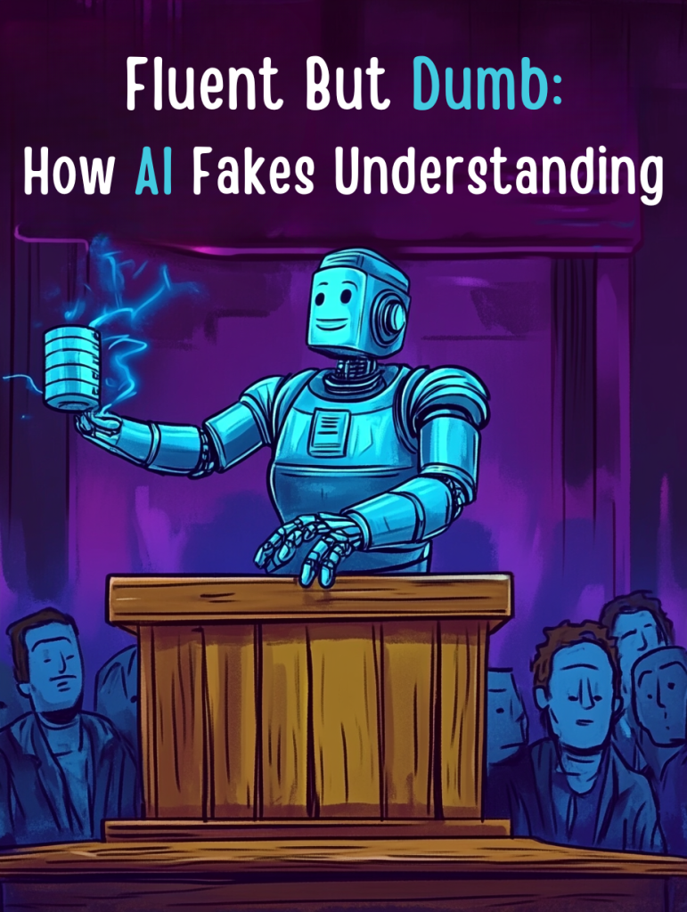 Illustration of a charismatic retro robot con man standing at a wooden podium, neon sign above reading 'Fluent But Dumb: How AI Fakes Understanding', with an audience of puzzled humans watching. Satirical, comic style.