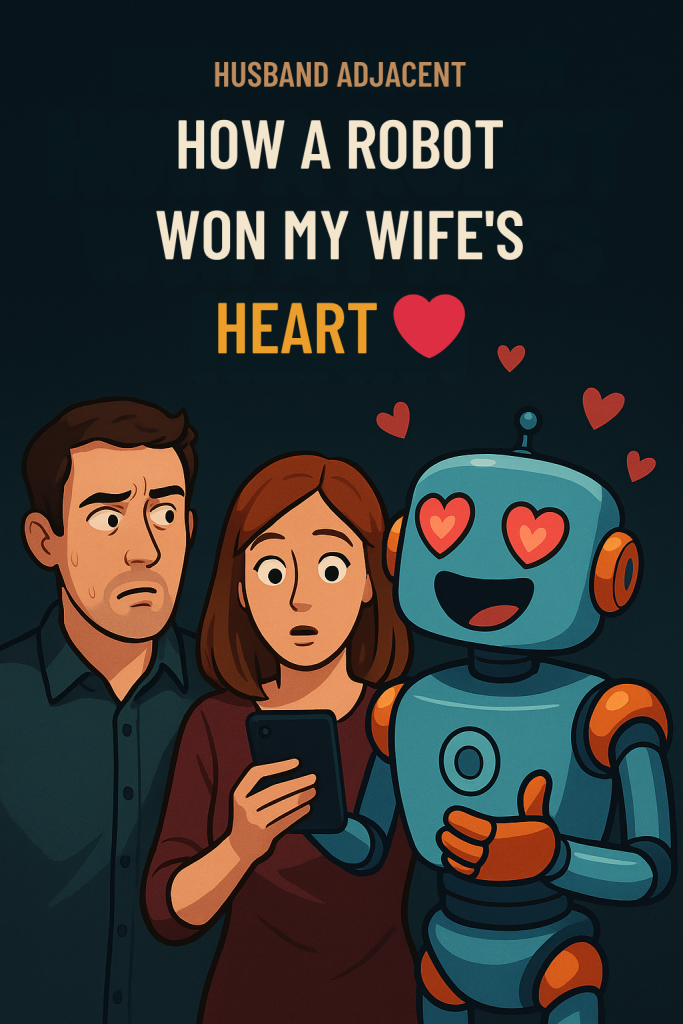A cartoon of a suspicious husband, a surprised wife holding a phone, and a cheerful robot with heart eyes giving a thumbs up, surrounded by floating hearts.