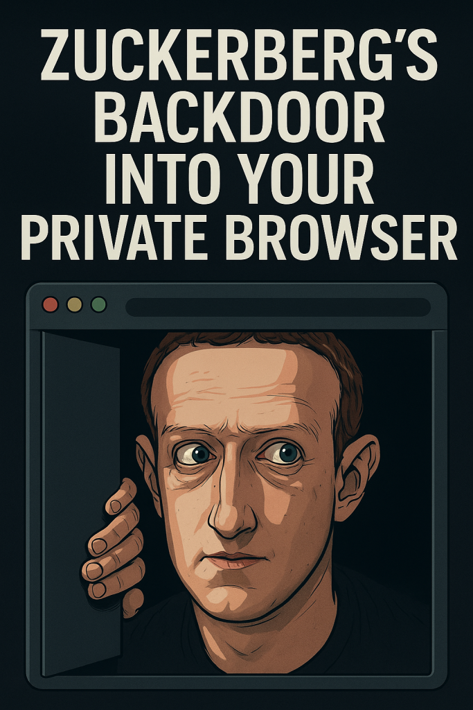 Cartoonish depiction of a man resembling Mark Zuckerberg peeking nervously out from inside a fake browser window, with the title “Zuckerberg’s Backdoor Into Your Private Browser” above him.