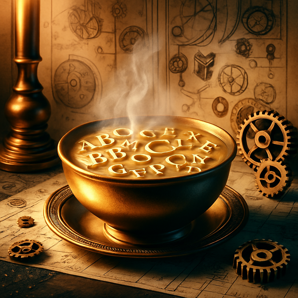 A golden bowl of steaming alphabet soup sits on a table covered in old mechanical blueprints. The soup letters float clearly, forming a jumble of characters. Brass gears and a vintage lamp surround the bowl, evoking a mix of language, invention, and steampunk aesthetics.