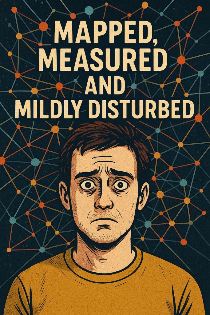 A young man with tousled dark hair looks slightly uneasy, set against a vibrant digital background of connected nodes and lines, with the title “Mapped, Measured, and Mildly Disturbed” displayed over the image.